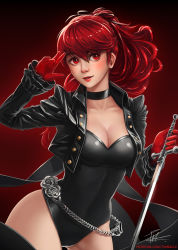 Rule 34 | 1girl, black choker, black jacket, black leotard, bow, breasts, choker, cleavage, coattails, collarbone, cowboy shot, cropped jacket, female focus, gloves, hair bow, highres, holding, holding sword, holding weapon, jacket, large breasts, leotard, long hair, matching hair/eyes, patreon username, persona, persona 5, persona 5 the royal, ponytail, red background, red eyes, red gloves, red hair, red lips, ribbon, signature, smile, solo, sword, thighs, tmiracle, watermark, weapon, web address, yoshizawa kasumi