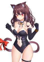 Rule 34 | 1girl, absurdres, animal ear fluff, animal ears, bare shoulders, bell, black gloves, black leotard, black ribbon, blush, breasts, brown hair, cat ears, cat girl, cat tail, center opening, choker, cleavage, closed mouth, collarbone, cowboy shot, cuffs, elbow gloves, extra ears, fang, gloves, gluteal fold, hair between eyes, hands up, highres, jingle bell, kittysuit, kotomaru (sirouko9511), leotard, long hair, looking at viewer, medium breasts, navel, nontraditional playboy bunny, original, red eyes, red ribbon, ribbon, sidelocks, simple background, smile, solo, standing, tail, tail ornament, tail ribbon, thigh strap, thighs, wavy hair, white background, white choker