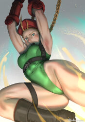 Rule 34 | 1girl, armpits, bare shoulders, blonde hair, blue eyes, boots, breasts, cammy white, hat, highres, large breasts, leotard, sleeveless, street fighter, teeth, upper teeth only, whoareuu