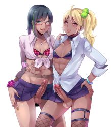 Rule 34 | 2boys, :q, abs, ahoge, androgynous, asymmetrical hair, black hair, blonde hair, blush, bra, bracelet, breasts, choker, collar, condom, crossdressing, earrings, erection, fingernails, fishnets, foreskin, ganguro, glasses, hair ornament, hand on another&#039;s shoulder, hand on own hip, heart, jewelry, licking lips, lips, long fingernails, looking at viewer, male focus, miniskirt, mogiki hayami, multicolored hair, multiple boys, multiple penises, nail polish, naughty face, navel, navel piercing, necklace, no panties, open clothes, open shirt, original, parted lips, penis, phimosis, piercing, pink eyes, puffy chest, red-framed eyewear, scrunchie, shirt, side ponytail, simple background, skirt, small breasts, smirk, standing, tan, testicles, third-party edit, tongue, tongue out, trap, two-tone hair, uncensored, underwear, white background