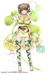 Rule 34 | 1girl, ankle lace-up, belt, breasts, brown hair, cross-laced footwear, double bun, doughnut hair bun, feet, flower knight girl, full body, gloves, green bell (flower knight girl), green eyes, green ribbon, green skirt, hair bun, hair ribbon, halterneck, large breasts, leg ribbon, looking at viewer, monety, name connection, object namesake, official art, ribbon, sandals, short hair, skirt, smile, solo, standing, toes, wand