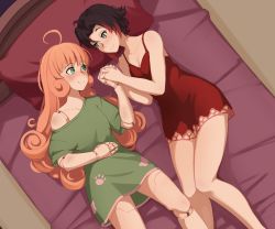 Rule 34 | 2girls, ahoge, black hair, blush, breasts, doll joints, freckles, green eyes, holding hands, hand on own stomach, headboard, highres, hiwonoafu, joints, long hair, medium breasts, multicolored hair, multiple girls, off shoulder, on bed, orange hair, pajamas, penny polendina, pillow, red hair, ruby rose, rwby, short hair, grey eyes, smile, streaked hair, thighs, very long hair, yuri