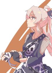 Rule 34 | 1girl, ahoge, bandaged hand, bandages, belt, black bow, black dress, black gloves, bow, brown eyes, collarbone, commentary, cross, cross necklace, dress, fingerless gloves, fishnets, frilled sleeves, frills, from side, genderswap, genderswap (mtf), gloves, hair bow, hand on own wrist, hexagon print, hexagram, highres, jewelry, long hair, long sleeves, necklace, ninesano, official alternate costume, onii-chan wa oshimai!, oyama mahiro, pink hair, profile, serious, simple background, skull and crossbones, skull print, solo, twintails