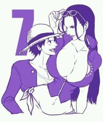 Rule 34 | 1girl, artist request, breasts, cleavage, glasses, hat, huge breasts, long hair, monkey d. luffy, nico robin, one piece, tagme