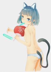 Rule 34 | 1girl, animal ears, bad id, bad twitter id, blue eyes, blue hair, bob cut, cat ears, cat tail, cowboy shot, flat chest, food, hand fan, looking at viewer, looking back, matching hair/eyes, original, panties, paper fan, popsicle, short hair, solo, striped clothes, striped panties, tail, topless, tupet, uchiwa, underwear, youmak