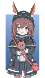 Rule 34 | 1girl, adapted costume, aged down, amiya (arknights), animal ears, arknights, artist name, backwards hat, bag, black hat, black jacket, blue background, blue collar, blue eyes, blue skirt, blush, brown hair, collar, cowboy shot, ears through headwear, hair between eyes, hat, highres, holding, holding stuffed toy, hyfc4.5, jacket, jewelry, looking at viewer, medium hair, multiple rings, open clothes, open jacket, open mouth, painttool sai (medium), plaid, plaid skirt, pleated skirt, pouch, rabbit girl, red bag, ring, shoulder bag, simple background, skirt, solo, stuffed animal, stuffed rabbit, stuffed toy, teeth, two-tone background, upper teeth only, white background