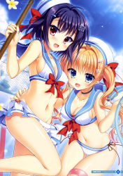 Rule 34 | 2girls, :d, absurdres, ahoge, arisue tsukasa, bare arms, bare legs, bare shoulders, bikini, bikini skirt, black choker, blonde hair, blue eyes, blue hair, blue sailor collar, blue sky, breasts, chain-link fence, choker, cleavage, cloud, collarbone, covered erect nipples, day, fence, flower, groin, hair ornament, hairclip, hat, highres, holding, hose, long hair, looking at viewer, medium breasts, midriff, multiple girls, navel, open mouth, original, outdoors, red eyes, red ribbon, ribbon, sailor bikini, sailor collar, sailor hat, scan, short hair, sidelocks, sky, smile, standing, stomach, sunlight, thigh gap, thighs, twintails, white flower, white headwear
