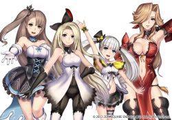 Rule 34 | 4girls, arm up, armpits, bare shoulders, black gloves, black legwear, blonde hair, blue eyes, bravely default: flying fairy, bravely default: praying brage, bravely default (series), breasts, brown eyes, brown hair, cleavage, cowboy shot, curie oblige, detached collar, edea lee, gloves, hair ornament, hair over one eye, hand on own chest, hat, iglia ningva oblige, large breasts, lilia de rosso noblesse oblige, long hair, looking at viewer, medium breasts, mini hat, mini top hat, multiple girls, navel, nidy, official art, outstretched hand, side ponytail, silver hair, skirt, top hat, twintails, very long hair, white gloves, white legwear, wrist cuffs