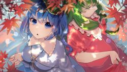 Rule 34 | 2girls, blue eyes, blue hair, blue shirt, bow, closed eyes, collared shirt, day, dress, frilled ribbon, frilled shirt collar, frills, front ponytail, green hair, hair bobbles, hair bow, hair ornament, hat, highres, holding, holding clothes, holding dress, kagiyama hina, kappa, kappa mame, kawashiro nitori, key, leaf, long dress, long sleeves, maple leaf, medium hair, multiple girls, open mouth, outdoors, puffy sleeves, red dress, ribbon, shirt, short twintails, sidelocks, touhou, tree, twintails, two side up, water, water drop