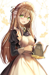Rule 34 | 1girl, apron, black dress, blush, brooch, brown hair, commentary request, dress, floral background, fuepo, green eyes, hair between eyes, hair ribbon, highres, holding, holding teapot, jewelry, long hair, long sleeves, looking at viewer, maid, maid apron, maid headdress, open mouth, original, ribbon, sidelocks, simple background, solo, teapot, two side up, white background