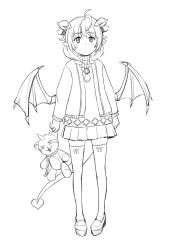 Rule 34 | 1girl, ahoge, blunt bangs, braid, child, closed mouth, demon girl, demon horns, demon tail, demon wings, front ponytail, full body, greyscale, holding, holding stuffed toy, horns, jacket, lilim (monster girl encyclopedia), lineart, long hair, looking at viewer, maritan (pixelmaritan), monochrome, monster girl, monster girl encyclopedia, original, pleated skirt, pointy ears, ribbon, runa, shirt, shoes, simple background, skirt, solo, standing, stuffed animal, stuffed toy, tail, thighhighs, twin braids, white background, wings