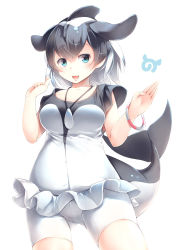 Rule 34 | 1girl, :d, absurdres, black hair, blue eyes, cetacean tail, commentary request, commerson&#039;s dolphin (kemono friends), cowboy shot, fins, fish tail, hair between eyes, highres, japari symbol, jewelry, kanzakietc, kemono friends, looking at viewer, multicolored hair, open mouth, pendant, simple background, smile, solo, tail, two-tone hair, white background, white bike shorts, white hair