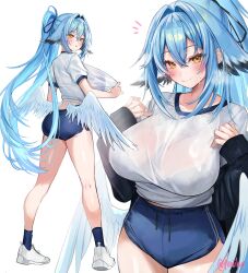 Rule 34 | 1girl, absurdres, ass, black jacket, blue buruma, blue hair, blue socks, blush, bra visible through clothes, breasts, buruma, closed mouth, clothes pull, commentary, double-parted bangs, english commentary, feathered wings, from behind, gradient hair, gym shirt, hair between eyes, hair intakes, hands up, highres, jacket, large breasts, long hair, looking at viewer, low wings, midriff peek, multicolored hair, open mouth, original, ponytail, pulling own clothes, shirt, shirt pull, short sleeves, simple background, sleeves past wrists, smile, socks, solo, standing, sweat, upper body, very long hair, white background, white footwear, white shirt, wings, yellow eyes, yuniiho