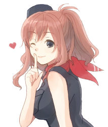 Rule 34 | 10s, 1girl, black dress, blue eyes, brown hair, dress, hair between eyes, index finger raised, kantai collection, long hair, looking at viewer, mitsuyo (mituyo324), neckerchief, one eye closed, ponytail, red neckerchief, saratoga (kancolle), side ponytail, solo, upper body