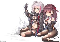 Rule 34 | 2girls, arm up, artist name, between breasts, black gloves, black jacket, blue bow, blue eyes, blunt bangs, bow, bow panties, braid, breasts, brown hair, brown legwear, collared shirt, crop top, dduck kong, girls&#039; frontline, gloves, hair ribbon, hand up, heterochromia, highres, jacket, large breasts, long hair, mdr (girls&#039; frontline), multicolored hair, multiple girls, navel, necktie, necktie between breasts, one side up, open clothes, open jacket, open mouth, panties, pantyhose, pink hair, red eyes, red neckwear, red ribbon, ribbon, shirt, silver hair, sitting, smile, streaked hair, thigh strap, torn clothes, torn legwear, torn shirt, underwear, wa2000 (girls&#039; frontline), white panties, white shirt, wing collar