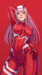 Rule 34 | 1girl, bad id, bad pixiv id, blush, breasts, covered navel, darling in the franxx, eyeshadow, green eyes, hair behind ear, hand on own hip, highres, horns, lerio (leriodraws), long hair, looking at viewer, makeup, medium breasts, pilot suit, pink hair, red eyeshadow, skin tight, solo, zero two (darling in the franxx)
