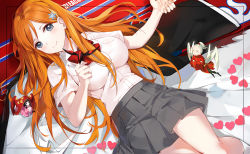 Rule 34 | 3girls, bad id, bad pixiv id, black hair, bleach, bow, bowtie, breasts, character request, chinese clothes, closed mouth, collared shirt, copyright name, emyo, grey eyes, grey skirt, hair ornament, hair spread out, haori, heart, holding hands, inoue orihime, japanese clothes, kneehighs, large breasts, long hair, looking at viewer, low twintails, lying, mini person, minigirl, miniskirt, multiple girls, on back, orange hair, pleated skirt, red neckwear, school uniform, shirt, shirt tucked in, short sleeves, skirt, smile, snowflake hair ornament, socks, tagme, taichou haori, twintails, white legwear, white shirt
