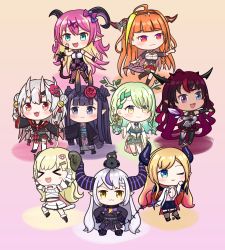 Rule 34 | &gt; &lt;, 6+girls, :3, absurdres, ahoge, animal ears, antlers, asymmetrical horns, bell, black footwear, black kimono, black skirt, blonde hair, blue eyes, blunt bangs, boots, bow, braid, braided bangs, breasts, cape, ceres fauna, chibi, cleavage, commentary, demon girl, demon horns, demon tail, demon wings, detached sleeves, detached wings, double bun, dragon girl, dragon horns, dress, english commentary, fang, flower, fur-trimmed boots, fur-trimmed cape, fur-trimmed dress, fur-trimmed sleeves, fur trim, gradient hair, green hair, hair bell, hair bun, hair flower, hair ornament, hairclip, heterochromia, highres, hololive, hololive english, horn bow, horn ornament, horns, irys (hololive), japanese clothes, jingle bell, kimono, kiryu coco, kiryu coco (1st costume), la+ darknesss, lab coat, long hair, long sleeves, looking at viewer, mano aloe, microphone, miniskirt, mole, mole under eye, mpien, multicolored hair, multiple girls, nakiri ayame, nakiri ayame (1st costume), ninomae ina&#039;nis, ninomae ina&#039;nis (new year), off shoulder, okobo, oni, open mouth, orange hair, pink hair, pleated skirt, pointy ears, purple eyes, purple hair, red eyes, red footwear, red hair, sandals, sheep girl, sheep horns, short dress, short kimono, simple background, single thighhigh, skin-covered horns, skirt, sleeveless, sleeveless dress, sleeves past wrists, smile, streaked hair, striped horns, tabi, tail, tail around arm, tentacle hair, thighhighs, trait connection, tsunomaki watame, tsunomaki watame (1st costume), two-tone hair, two side up, uneven horns, very long hair, virtual youtuber, white dress, white hair, wide sleeves, wings, yellow eyes, yuzuki choco, yuzuki choco (1st costume)