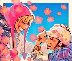 2boys ^_^ arm_tattoo black_hair blonde_hair blue_coat blue_sky blunt_bangs closed_eyes coat commentary_request donquixote_rocinante facial_hair feathered_coat flower goatee hand_on_another&#039;s_hat hand_tattoo hat magu_pink male_focus multiple_boys one_piece pink_flower pink_hood shirt short_hair sideburns signature sky smile tattoo tears trafalgar_law white_shirt