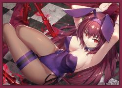 Rule 34 | 1girl, animal ears, arms up, artist name, breasts, checkered floor, commentary request, detached sleeves, fake animal ears, fate/grand order, fate (series), gabiran, gae bolg (fate), large breasts, leotard, long hair, official alternate costume, pantyhose, playboy bunny, rabbit ears, red eyes, red hair, scathach (fate), scathach (piercing bunny) (fate), smile, solo, thigh strap