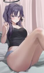 Rule 34 | 1girl, bare legs, black camisole, blue archive, blush, breasts, camisole, cellphone, cleavage, collarbone, crop top, dance arm, feet out of frame, grey panties, halo, highres, holding, holding hair, holding phone, indoors, knees up, medium breasts, panties, phone, purple eyes, purple hair, sitting, solo, sweat, talking on phone, two side up, underwear, underwear only, yuuka (blue archive)