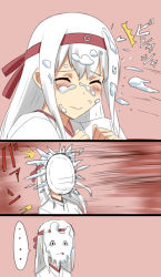 Rule 34 | ..., 10s, 1girl, bandana, blush, closed eyes, food, food on face, in the face, ishii hisao, kantai collection, long hair, personification, pie, pie in face, sexually suggestive, shoukaku (kancolle), solo, white hair