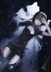 Rule 34 | absurdres, arm up, bad id, bad pixiv id, black dress, black hair, black thighhighs, blood, brown eyes, character name, dress, garter straps, girls&#039; frontline, gyup91, hair between eyes, hairband, highres, long hair, lying, on back, partially submerged, puddle, ripples, short sleeves, solo, thighhighs, type 79 (girls&#039; frontline), type 79 smg, water surface