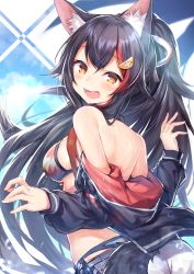 Rule 34 | 1girl, :d, animal ear fluff, animal ears, bare shoulders, bikini, bikini under clothes, black hair, black jacket, blue sky, breasts, cloud, commentary request, day, floating hair, hair ornament, head tilt, high ponytail, highres, hololive, hood, hood down, hooded jacket, jacket, long hair, long sleeves, looking at viewer, looking back, medium breasts, multicolored hair, off shoulder, ookami mio, ookami mio (hololive summer 2019), open clothes, open jacket, open mouth, orange eyes, outdoors, ponytail, print bikini, red hair, shorts, side-tie bikini bottom, sky, smile, solo, sunlight, swimsuit, tail, topia, two-tone hair, upper body, very long hair, virtual youtuber, white shorts, wolf ears, wolf girl, wolf tail