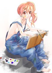 Rule 34 | 1girl, :3, art brush, bad id, bad pixiv id, barefoot, breasts, canvas (object), dirty, hair ornament, hairclip, highres, mappe (778exceed), mappe (artist), medium breasts, naked overalls, orange hair, original, overalls, paintbrush, painting (action), palette (object), red eyes, side ponytail, sideboob, sitting, smile, solo
