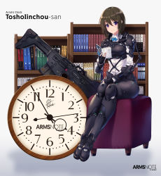 Rule 34 | 1girl, anti-materiel rifle, arms note, artist name, blouse, blue bow, book, bookshelf, bow, brown hair, bullpup, character name, clock, commentary request, copyright name, double rifle, exoskeleton, fukai ryosuke, gun, highres, holding, holding book, huge gun, huge weapon, large weapon, looking at viewer, magnetic weapon, original, ottoman, over-and-under-barreled rifle, purple eyes, railgun, rifle, shirt, signature, sitting, smile, sniper rifle, solo, tosho iinchou (fukai ryousuke), weapon, white shirt