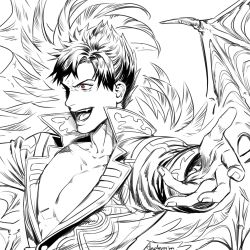 Rule 34 | 1boy, anderain, arms at sides, bat wings, belial (granblue fantasy), black hair, demon boy, demon wings, evil smile, fang, feather boa, foreshortening, granblue fantasy, greyscale, male focus, monochrome, pectoral cleavage, pectorals, red eyes, short hair, smile, solo, spot color, toned, toned male, wings