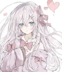Rule 34 | 1girl, blue eyes, blush, bow, collared shirt, dress shirt, earrings, eyebrows hidden by hair, grey hair, hair between eyes, hair ornament, hair ribbon, hairclip, hand up, heart, highres, jacket, jewelry, long hair, long sleeves, off shoulder, open clothes, open jacket, original, parted lips, pink jacket, red bow, red ribbon, ribbon, shirt, simple background, sleeves past wrists, solo, upper body, very long hair, white background, white shirt, wide sleeves, yuni 0205