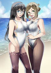 Rule 34 | 2girls, absurdres, alto-00, asymmetrical docking, beach, black hair, black pantyhose, black thighhighs, blue eyes, blue hairband, blue sky, breast press, breasts, brown hair, cloud, commission, competition swimsuit, covered erect nipples, day, feet out of frame, folded ponytail, green eyes, hairband, highleg, highleg swimsuit, highres, horizon, kantai collection, katori (kancolle), long hair, looking at viewer, medium breasts, multicolored clothes, multicolored swimsuit, multiple girls, ocean, one-piece swimsuit, ooyodo (kancolle), outdoors, pantyhose, pantyhose under swimsuit, pixiv commission, semi-rimless eyewear, sky, swimsuit, thighhighs, under-rim eyewear, white one-piece swimsuit