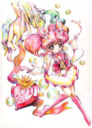 Rule 34 | 1990s (style), 1girl, absurdres, bell, bishoujo senshi sailor moon, bishoujo senshi sailor moon supers, boots, brooch, chibi usa, colored pencil (medium), cone hair bun, crystal, full body, hair bun, hair ornament, hairclip, heart, heart brooch, helios (sailor moon), highres, holding, horns, horse, jewelry, kmmmmmk, knee boots, magical girl, mane, multicolored clothes, multicolored skirt, pegasus, pegasus (sailor moon), pink footwear, pink hair, retro artstyle, sailor chibi moon, single horn, skirt, star (symbol), super sailor chibi moon, tiara, traditional media, twintails