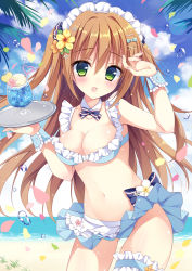 Rule 34 | 1girl, :d, apron, arm up, beach, bikini, bikini skirt, blue bikini, blue bow, blue sky, blush, bow, breasts, bridal garter, brown hair, cleavage, cloud, cloudy sky, collar, collarbone, commentary request, cowboy shot, crazy straw, day, detached collar, drink, drinking straw, fingernails, flower, food, frilled apron, frills, fruit, green eyes, hair between eyes, hair bow, hair flower, hair ornament, hairclip, heart straw, highres, holding, holding tray, ice cream, izuminanase, lemon, lemon slice, long hair, looking at viewer, maid, medium breasts, moe2018, nail polish, ocean, open mouth, orange flower, original, outdoors, petals, pink nails, sand, sky, smile, solo, swimsuit, tray, very long hair, waist apron, water, water drop, white apron, white collar, wrist cuffs, x hair ornament, yellow flower