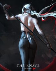 Rule 34 | 1girl, absurdres, arlecchino (genshin impact), ass, black background, black pants, commentary, english commentary, feet out of frame, from behind, genshin impact, grey hair, highres, holding, jvndraws, long hair, pants, solo, standing, topless