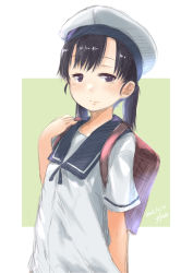 Rule 34 | 1girl, absurdres, backpack, bag, black hair, blush, border, closed mouth, dated, dress, fyuo, hair between eyes, hat, highres, kantai collection, long hair, purple eyes, randoseru, sailor dress, sailor hat, short sleeves, shounan (kancolle), signature, solo, twintails, upper body, white border, white dress, white hat