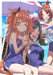 Rule 34 | 3girls, = =, animal ears, bare shoulders, beach umbrella, black hair, blue one-piece swimsuit, blush, bottle, breasts, brown hair, cleavage, closed eyes, cloud, covered navel, cup, drinking, drinking straw, fang, feet out of frame, haruyuki (gffewuoutgblubh), highres, holding, holding bottle, holding cup, horse ears, horse girl, horse tail, large breasts, long hair, marvelous sunday (umamusume), mayano top gun (umamusume), multiple girls, one-piece swimsuit, open mouth, outdoors, outside border, rope, sakura laurel (umamusume), short hair, sitting, small breasts, standing, sweat, swimsuit, tail, tire, towel, towel on head, tracen swimsuit, twintails, two side up, umamusume, umbrella