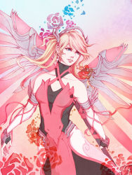 Rule 34 | 1girl, absurdres, alternate hairstyle, bare shoulders, blonde hair, blue eyes, breasts, criss-cross halter, dress, elbow gloves, fingerless gloves, gloves, hair ribbon, halo, halterneck, highres, holding, holding staff, lips, looking to the side, mechanical halo, mechanical wings, medium breasts, mercy (overwatch), official alternate costume, onyrica, overwatch, overwatch 1, parted lips, pink dress, pink mercy, pink ribbon, ribbon, solo, staff, twintails, wings