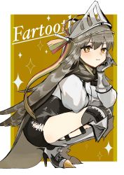 Rule 34 | 1girl, arknights, armored boots, black shorts, boots, bright pupils, brown background, brown cape, brown eyes, brown hair, cape, character name, closed mouth, dr suzusan, fartooth (arknights), feather hair, from side, full body, gauntlets, hand on own cheek, hand on own face, head-mounted display, high-waist shorts, high heel boots, high heels, highres, knee boots, long hair, looking at viewer, looking to the side, shirt, shorts, simple background, smile, solo, sparkle, squatting, very long hair, white shirt