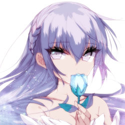 Rule 34 | 1girl, absurdres, bad id, bad pixiv id, blue flower, braid, breasts, commentary, ears visible through hair, fingernails, flower, hair between eyes, highres, holding, holding flower, long hair, looking at viewer, misteor, original, portrait, purple eyes, purple hair, simple background, solo, white background