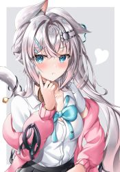 Rule 34 | 1girl, absurdres, animal ear fluff, animal ears, aqua bow, aqua bowtie, bell, black skirt, blue eyes, blue nails, bow, bowtie, breasts, cat ears, cat girl, cat tail, cleavage, closed mouth, collarbone, collared shirt, finger to cheek, grey background, grey hair, hair between eyes, hair intakes, hair ornament, hair strand, hairclip, hand up, heart, highres, hood, hoodie, long hair, looking at viewer, medium breasts, nail polish, nekoya minamo, off shoulder, open clothes, open hoodie, original, paw hair ornament, pink hoodie, pleated skirt, pout, pouty lips, school uniform, shirt, short sleeves, side ponytail, sidelocks, simple background, skirt, solo, tail, tail bell, tail ornament, tail raised, upper body, very long hair, white shirt