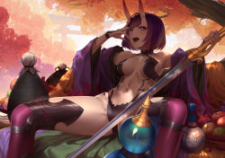 Rule 34 | 1girl, absurdres, autumn, bob cut, breasts, eyeliner, fate/grand order, fate (series), gourd, headpiece, highres, horns, ihavetwoooo, japanese clothes, kimono, makeup, medium breasts, navel, oni, open clothes, open kimono, outdoors, purple eyes, purple hair, purple kimono, revealing clothes, short eyebrows, short hair, shuten douji (fate), sitting, skin-covered horns, solo, spread legs, sword, torii, tree, weapon