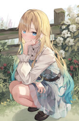 Rule 34 | 1girl, aizawa ema, bare legs, black footwear, blonde hair, blue dress, blue eyes, blue hair, blush, buttons, closed mouth, collared shirt, day, dress, fence, floral print, flower, full body, gradient hair, grass, hand on own chin, head rest, highres, legs together, long hair, long sleeves, looking at viewer, multicolored hair, outdoors, parted bangs, print dress, shadow, shirt, shoes, smile, solo, squatting, straight hair, virtual youtuber, vspo!, white flower, white shirt, wooden fence, yuiko 0421