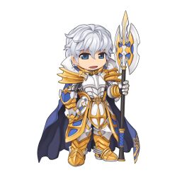 Rule 34 | 1boy, armor, armored boots, blue cape, blue eyes, boots, breastplate, cape, chibi, cross of prontera, faulds, full body, gauntlets, grey hair, hair between eyes, holding, holding polearm, holding weapon, male focus, medium bangs, official alternate costume, official art, open mouth, pauldrons, polearm, ragnarok online, royal guard (ragnarok online), short hair, shoulder armor, simple background, smile, solo, spear, standing, tachi-e, transparent background, weapon, yuichirou