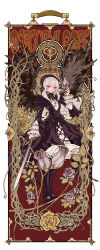 Rule 34 | 00s, 1girl, art nouveau, dress, feathers, female focus, flower, frills, fujinozu, german text, hairband, highres, long hair, plant, red eyes, revision, rozen maiden, silver hair, solo, suigintou, sword, text focus, translated, vines, weapon, wings