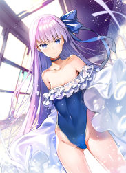 Rule 34 | 1girl, absurdres, bare shoulders, blue eyes, blue ribbon, blurry, blush, breasts, choker, collarbone, commentary request, covered navel, day, dutch angle, fate/grand order, fate (series), frills, hair ribbon, highres, indoors, long hair, long sleeves, looking at viewer, meltryllis, meltryllis (fate), meltryllis (swimsuit lancer) (fate), meltryllis (swimsuit lancer) (second ascension) (fate), off-shoulder one-piece swimsuit, off shoulder, one-piece swimsuit, purple hair, rei (rei&#039;s room), rei no pool, revision, ribbon, sleeves past fingers, sleeves past wrists, smile, solo, standing, swimsuit, thighs, v-shaped eyebrows, very long hair, window