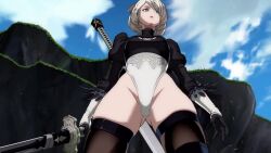 Rule 34 | 1girl, 2b (nier:automata), 3d, animated, arms up, ass, blue eyes, breasts, curvy, foreshortening, frown, game, gluteal fold, granblue fantasy, granblue fantasy versus: rising, highleg, highleg leotard, holding, holding sword, holding weapon, leotard, low angle, medium breasts, nier:automata, nier (series), ryona, shiny skin, solo, standing, stretching, sword, tagme, third-party edit, thong leotard, video, video game, weapon, white hair, white leotard, wide hips