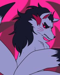 Rule 34 | black sclera, closed mouth, colored sclera, facial mark, fang, highres, kimetsu no yaiba, kitsune, mystery (mystery skulls), mystery skulls, nahusnab, no humans, pink background, red eyes, simple background, solo, watermark, whisker markings
