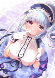 Rule 34 | 1girl, azur lane, blue dress, blue hair, breasts, center frills, clothing cutout, dido (azur lane), dido (muse) (azur lane), dress, finger to mouth, framed breasts, frilled cuffs, frilled dress, frills, from above, gloves, headphones, large breasts, light blue hair, long hair, looking at viewer, multicolored clothes, multicolored dress, purple eyes, sakura (ichisakupink), short sleeves, sideboob, solo, underboob, underboob cutout, white gloves